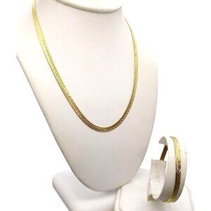 Gold Tone Reversible Herringbone Chain Necklace and Bracelet Set, Flat or Etched